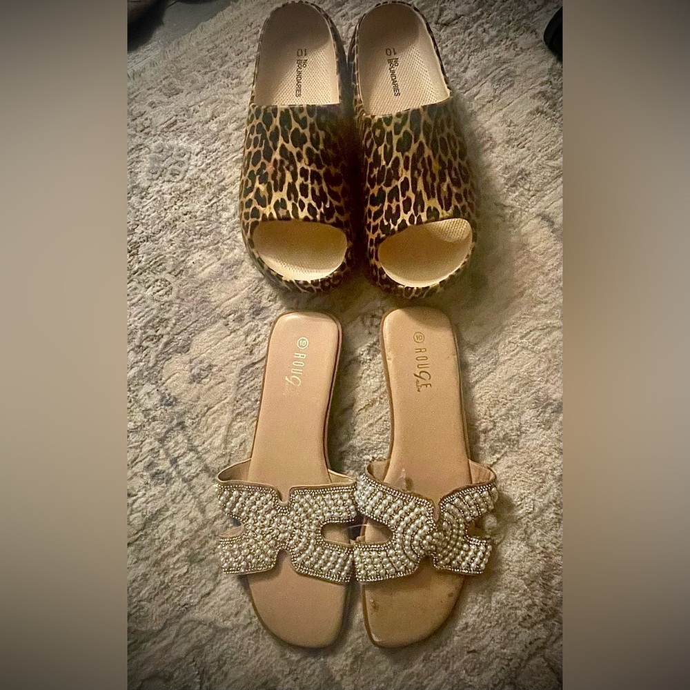 Bundle of sz 10 shoes pearl rhinestone and leopard print slides